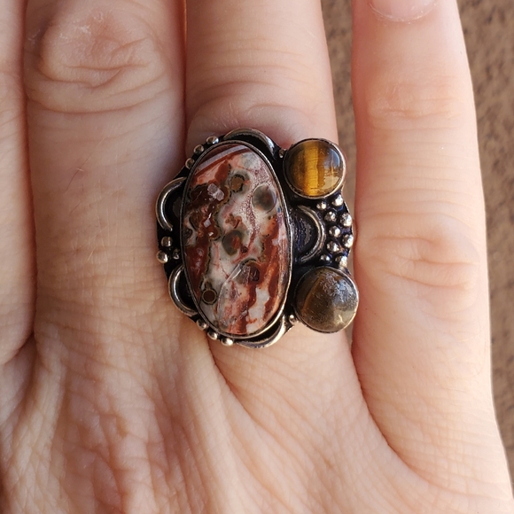 New Leopard Skin Jasper & Tiger Eye 925 Silver Ring. - Picture 2 of 9